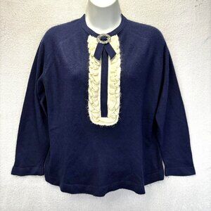 Vintage 70s Talbott Taralan Ruffle Bib Knit Sweater Womens Medium M Navy Bow Top